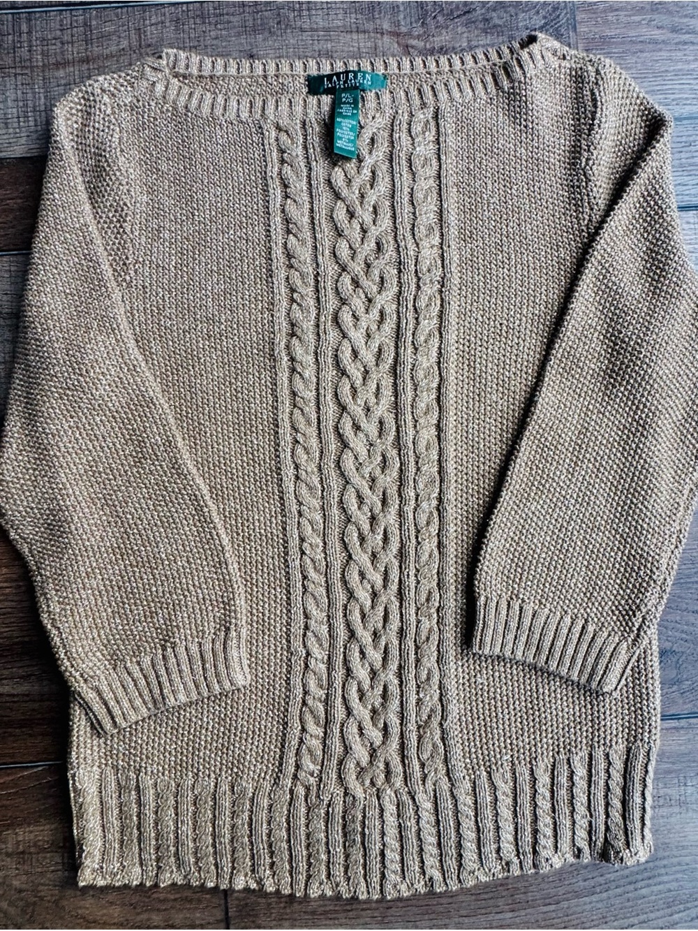 Ralph Lauren Gold Metallic Cable Knit Sweater Petite Large